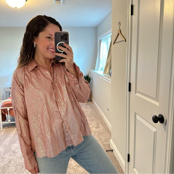 Xirena Pink Metallic Striped Button Front Blouse Small - Picture 3 of 11